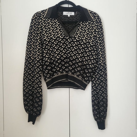 Diane von Furstenberg Duffy Collared V Neck Sweater Black Metallic Geometric Sm - Picture 4 of 12
